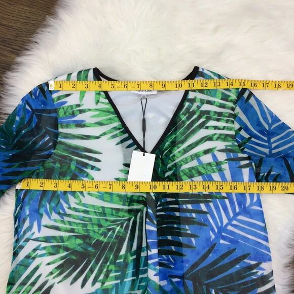 NWT Calvin Klein Top Blouse XS Tropical Long Sleeve Chiffon Pleated V Neck Crepe - Picture 9 of 10